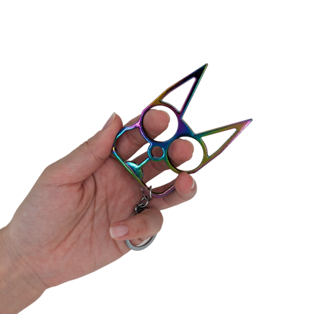Chrome Cat Ears Self Defense Knuckles Keychain Held by Model