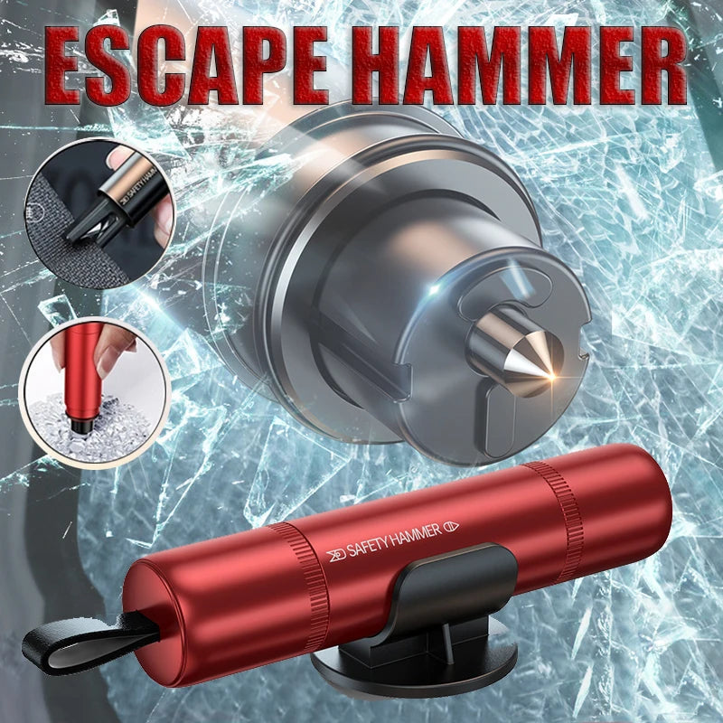 Escape hammer red emergency device for driving and getting out of an accident