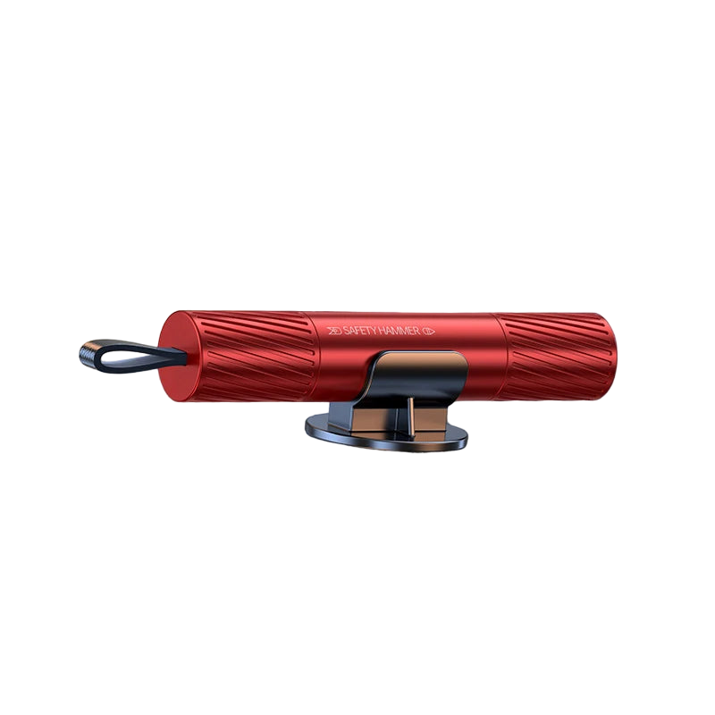 Red textured window breaker and seatbelt cutter combo device on a stand
