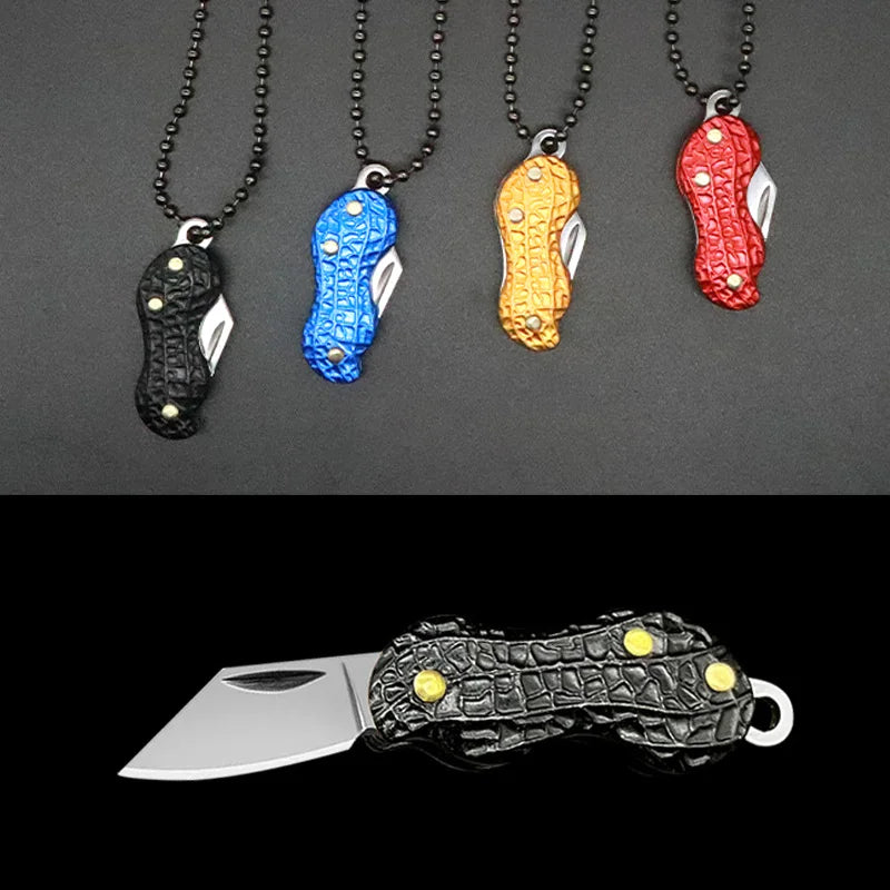 Portable Outdoor Stainless Steel Box Opening Peanut Shape Hiking Pocket Knife Mini Folding Keychain Necklace Knife Peeling Knife