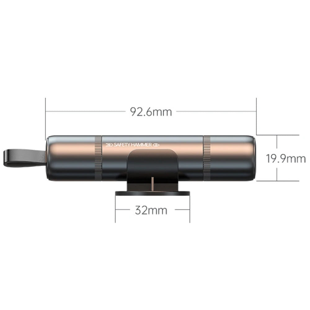 Dimensions of 92.6 mm in length and 19.9 mm in diameter for a black window breaker seatbelt cutter combo safety device