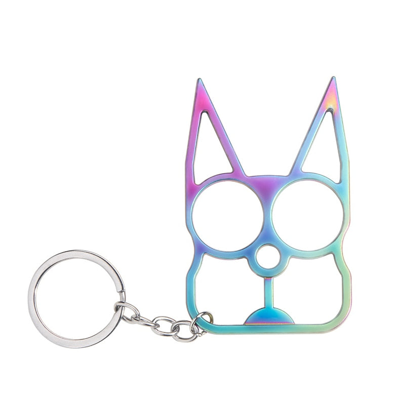 Chrome Multi-Colored Rainbow Cat Ears Self Defense Knuckles Keychain on White background