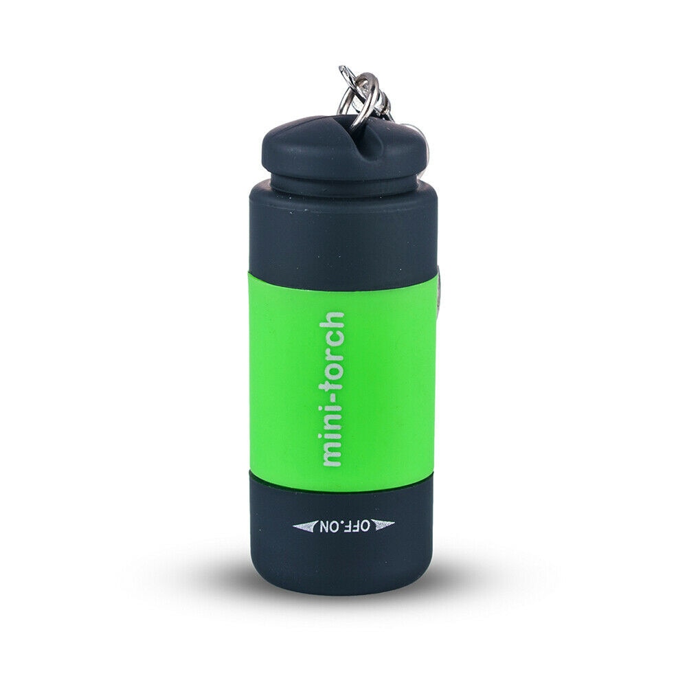 Green Mini Torch LED Flashlight Safety Keychain on White Background