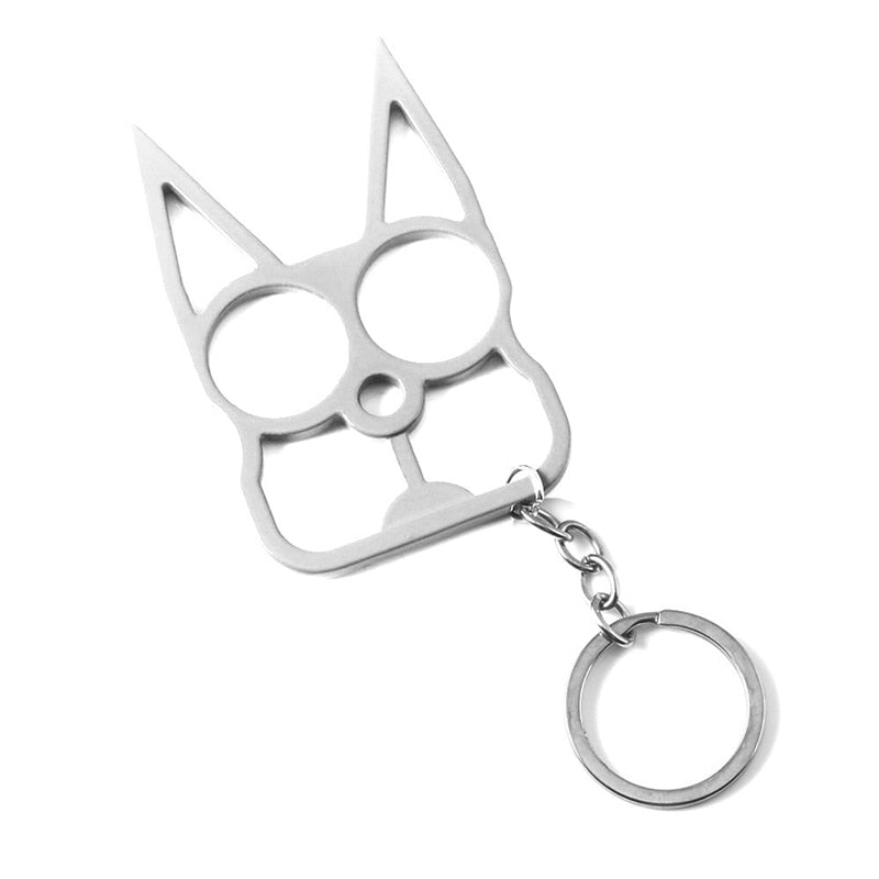 Silver Cat Ears Self Defense Knuckles Keychain on White