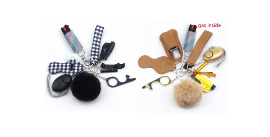 Self Defense Keychain Bundle Set with Pepper Spray, Whistle, Alarm, Window Breaker in Checkerboard and Caramel Colors