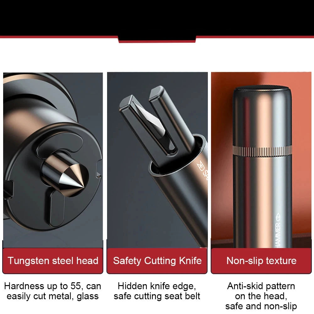3 images of the features of the car emergency device with tungsten steel head, safety cutting knife and non slip textured body