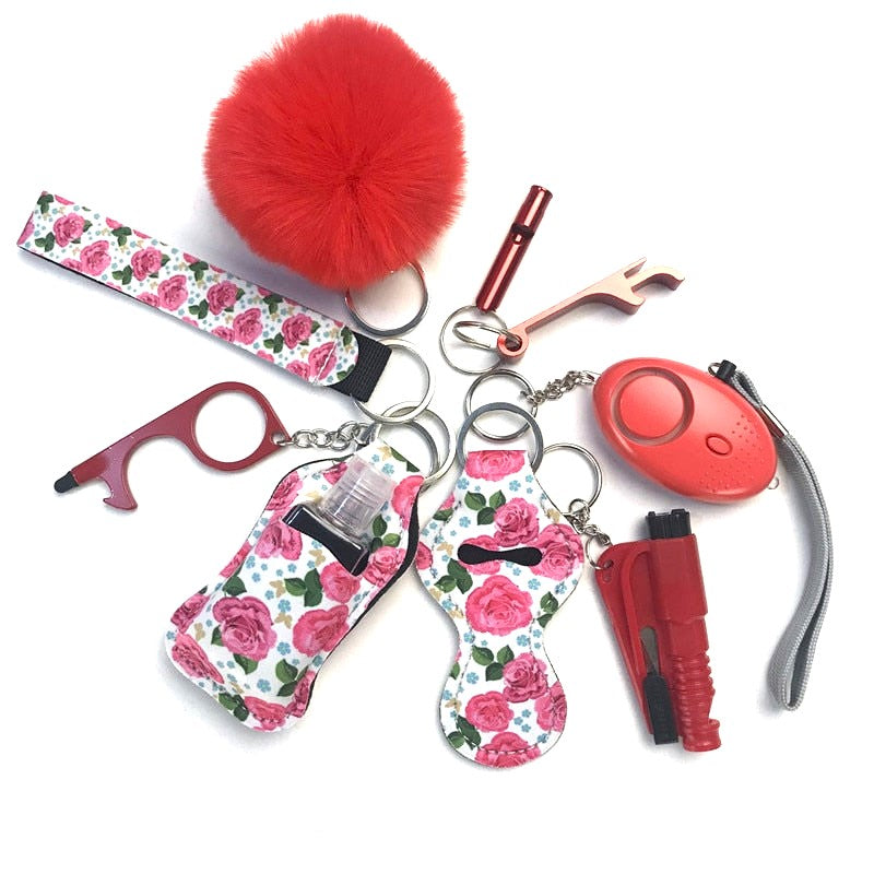 Pink Roses Safety Tools 9-Piece Self Defense Keychain Set
