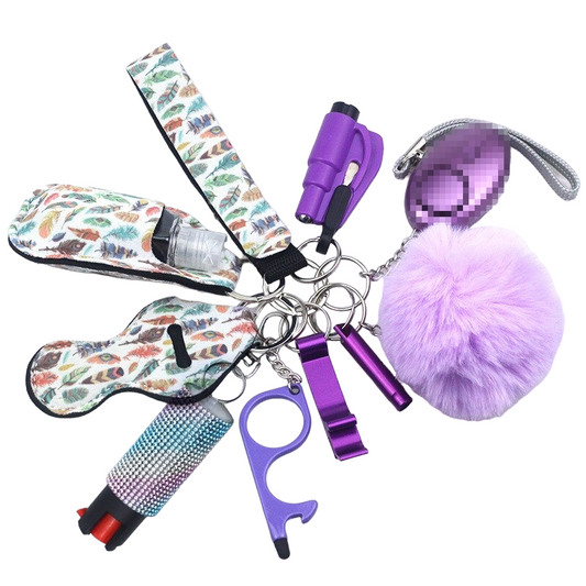 Purple Feathers Pepper Spray 10-Piece Safety Keychain Set