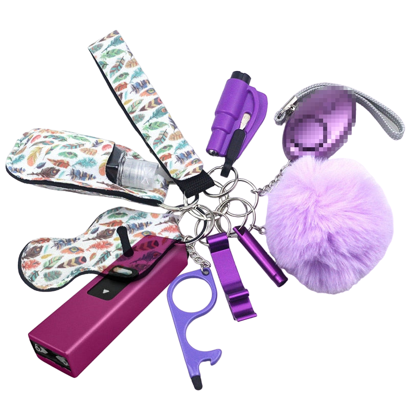 Purple Feathers Stun Gun 10-Piece Safety Keychain Set