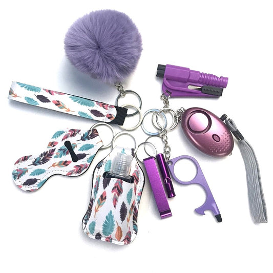 Purple Feathers Safety Tools 9-Piece Self Defense Keychain Set