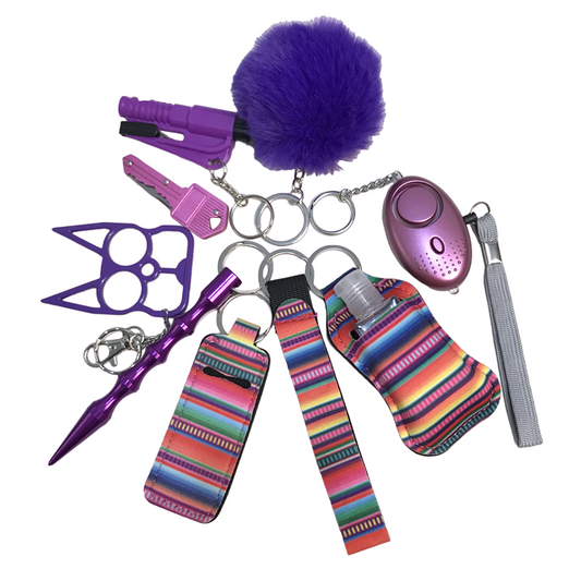 Purple Rainbow Defensive Weapons 9-Piece Self Defense Keychain Set