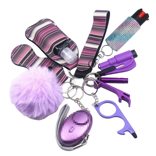 Purple Stripes Pepper Spray 10-Piece Safety Keychain Set