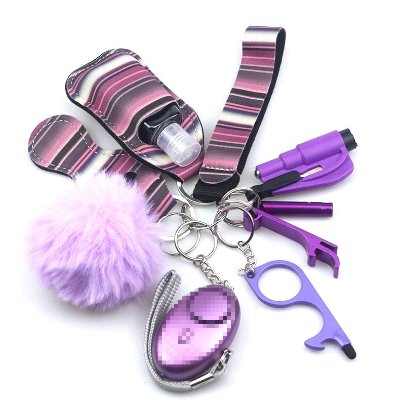 Purple Stripes Safety Tools 9-Piece Self Defense Keychain Set