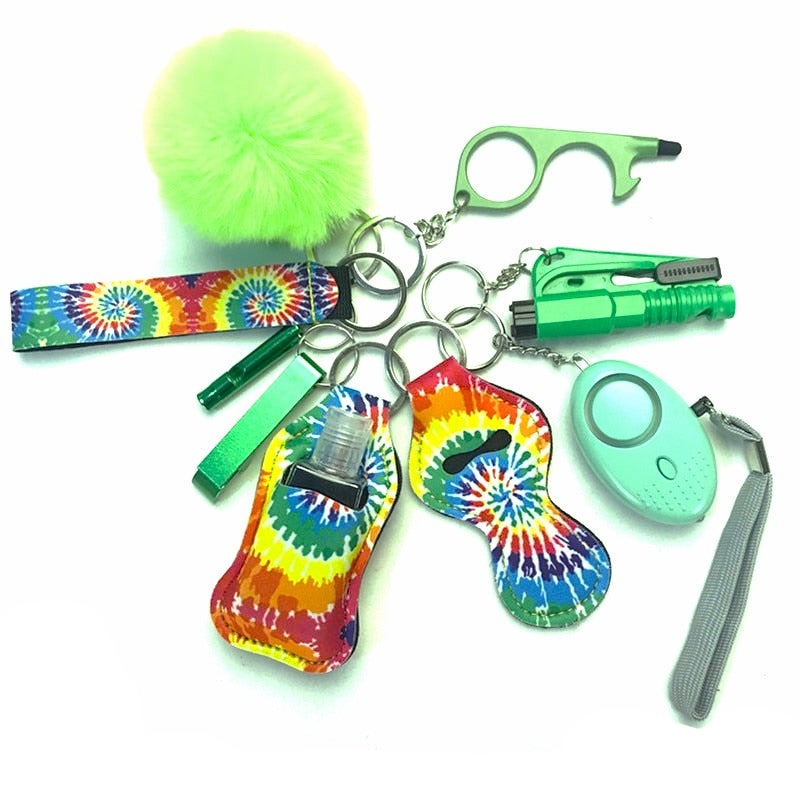 Tie Dye Green Safety Tools 9-Piece Self Defense Keychain Set