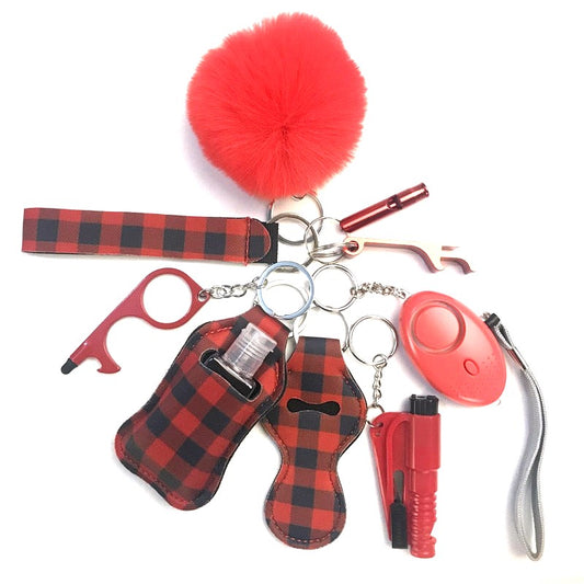 Red Checkerboard Safety Tools 9-Piece Self Defense Keychain Set