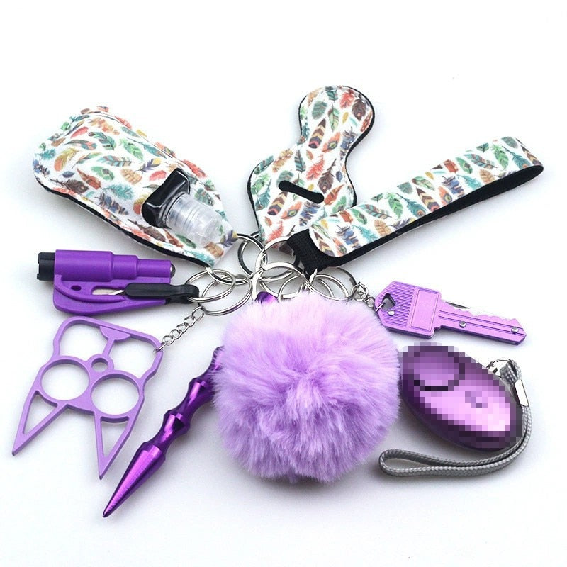 Purple Feathers Defensive Weapons 9-Piece Self Defense Keychain Set