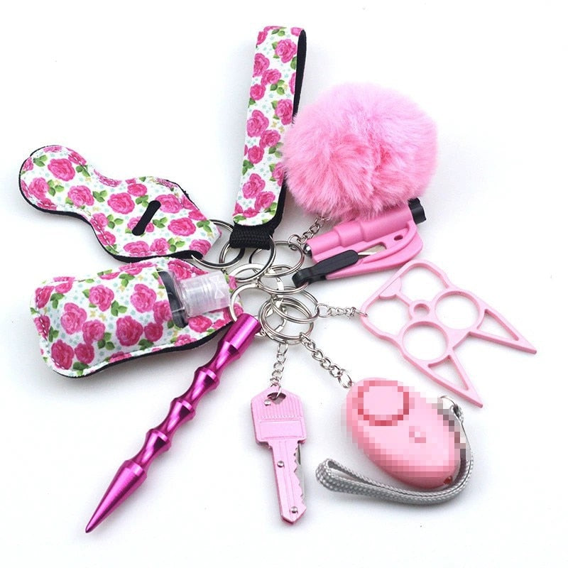 Pink Roses Defensive Weapons 9-Piece Self Defense Keychain Set