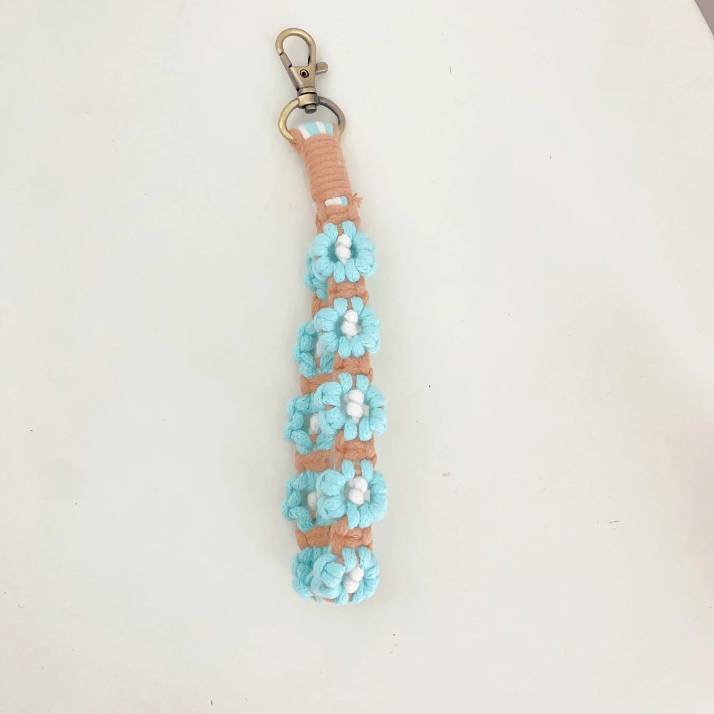 Floral Hand-Woven Cotton Wristlet with Lobster Clasp Ring Holder