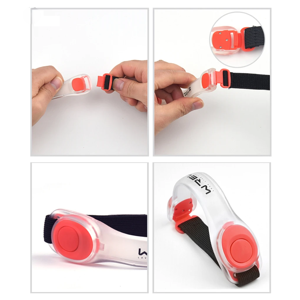 Four separate step-by-step images showing how to attach the wrist band around your arm