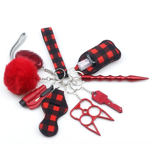 Red Checkerboard Defensive Weapons 9-Piece Self Defense Keychain Set
