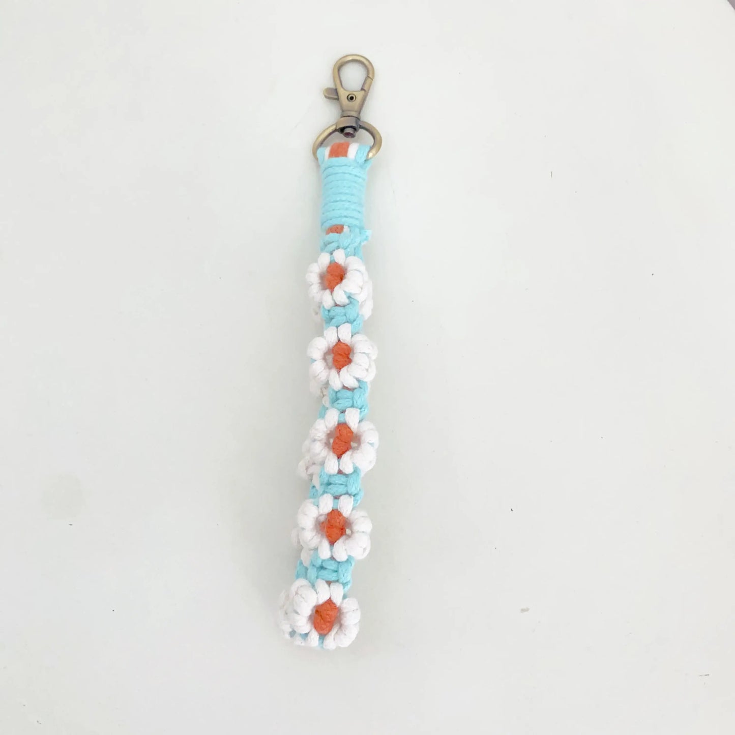 Floral Hand-Woven Cotton Wristlet with Lobster Clasp Ring Holder