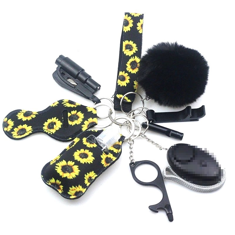 Sunflowers Black Safety Tools 9-Piece Self Defense Keychain Set