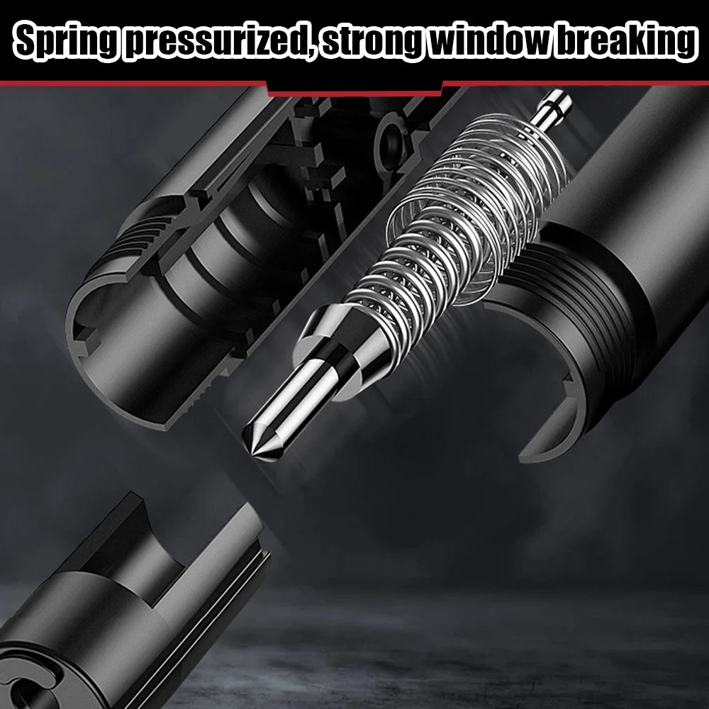 Inner mechanics of a window breaker seatbelt cutter showing the tungsten steel head