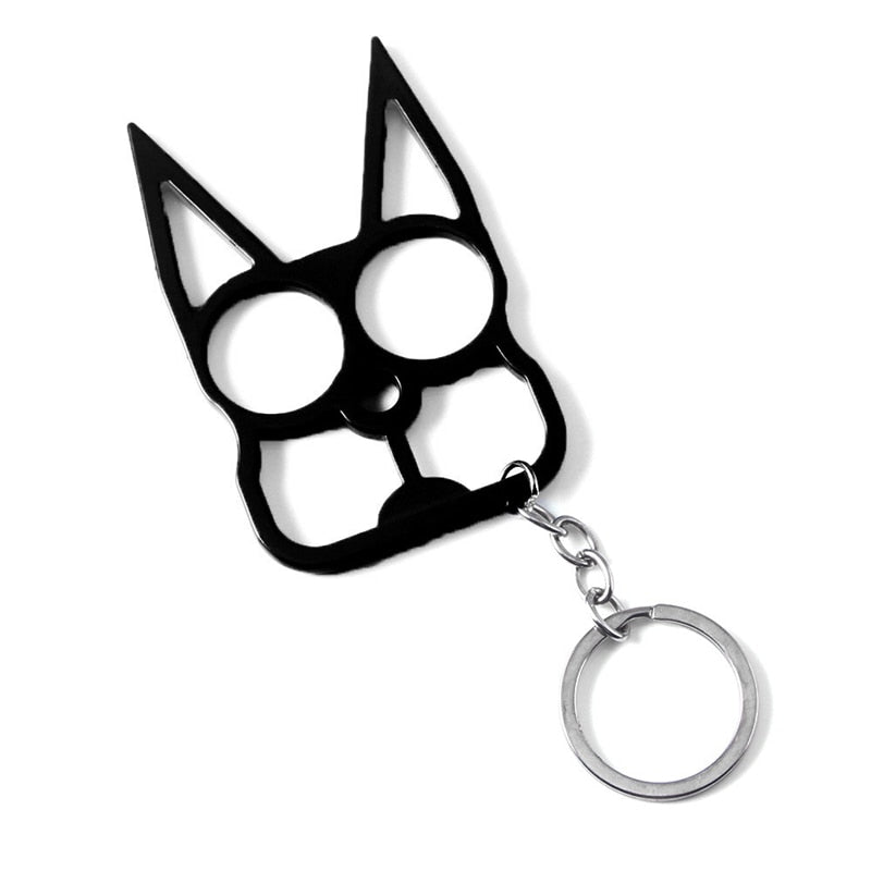 Black Cat Ears Self Defense Knuckles Keychain on White