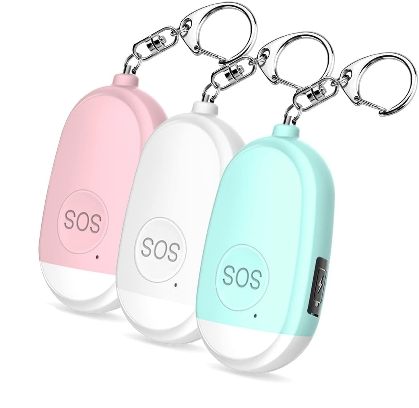 Mini SOS Personal Alarm Self Defense Keychain Pink White and Teal Colors
