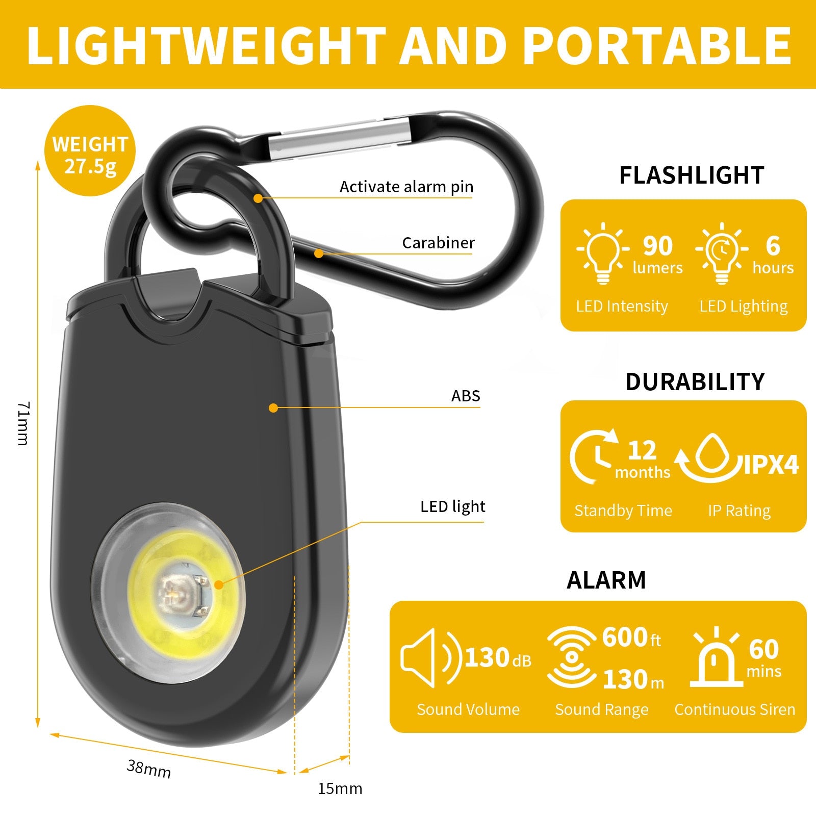 130dB Emergency Personal Alarm Keychain With LED - Self